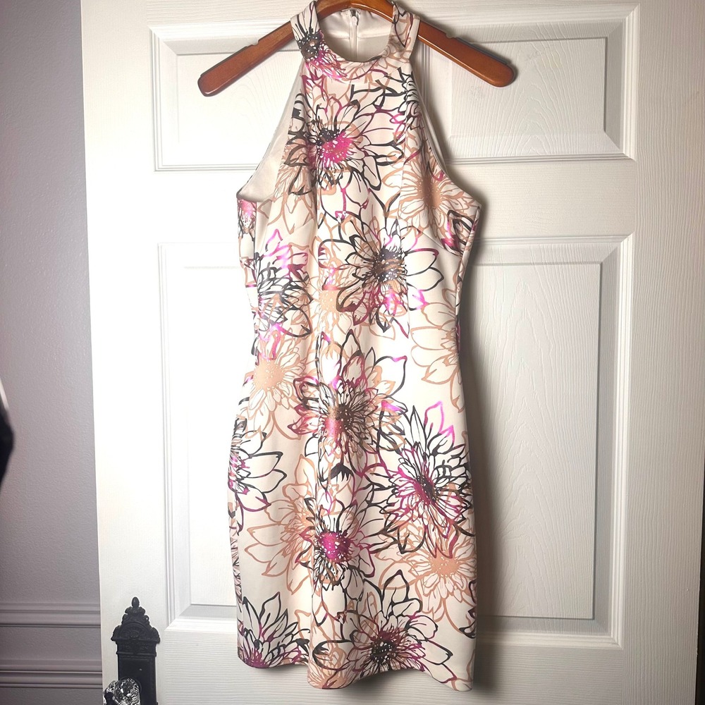 Belle Badgley Mischka Floral Halter Sheath Dress Metallic Pink Cream Size 6